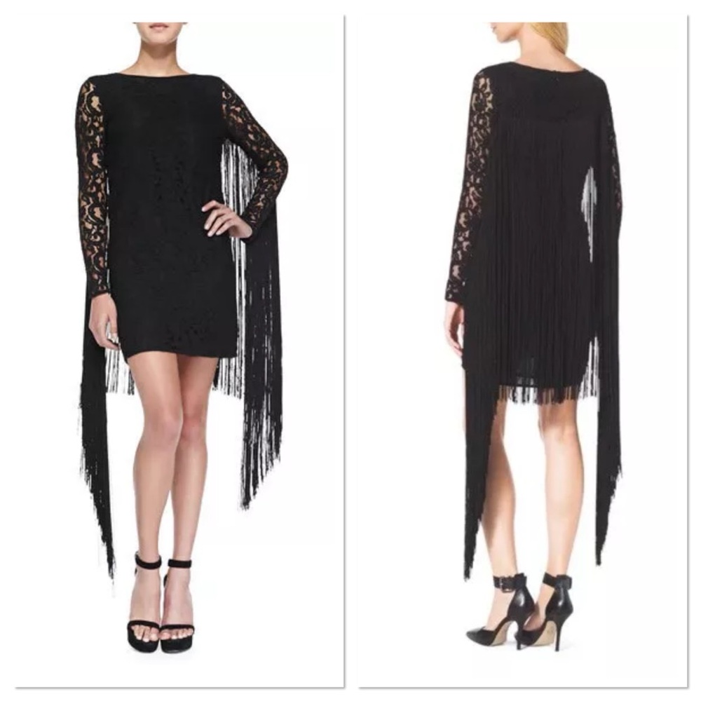 Michael Michael Kors Lace and Fringe Sheer Mini Party Dress Sz 0 Black